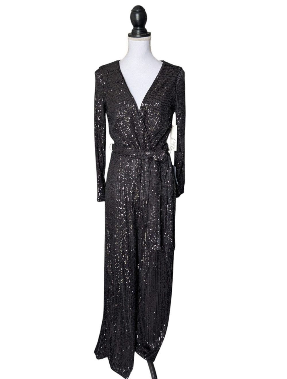Eliza J Black Sequin Long Sleeve Faux Wrap Jumpsuit New Sz 8 Wide Leg Tie Waist